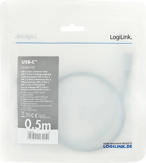 Kabllo zgjatëse USB-C LogiLink USB 3.2 Gen2, C mashkull në C femër, 0.5 m, 10 Gbps, 100W, 4K, zi/gri