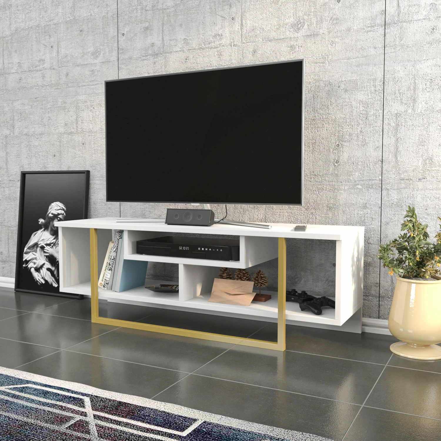 Komodë TV Hanah Home, Asal 120, ngjyrë ari dhe e bardhë