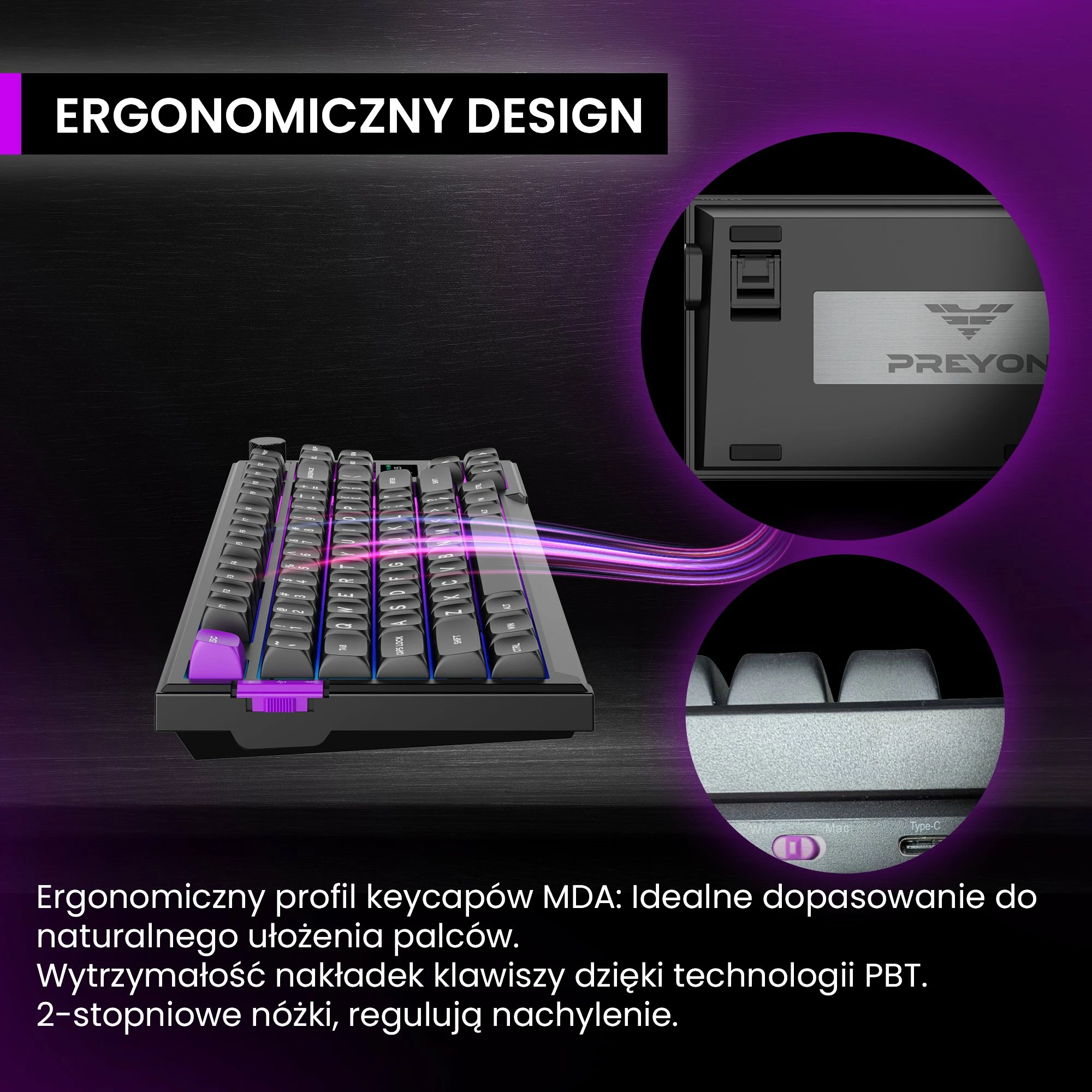 Tastierë mekanike PREYON Silent Claw TKL PSCTR85B, Gateron Red Pro, RGB, tri-mode USB/Bluetooth/2.4GHz, US layout, e zezë