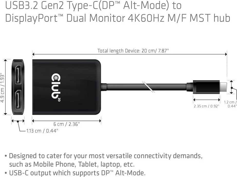 Adapter MST-Hub Club3D USB Type-C në 2x DisplayPort 4K60Hz, 1.5m, zi