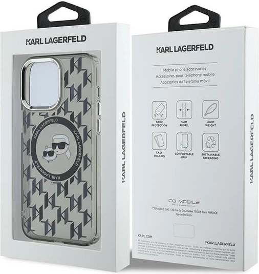 Mbështjellës Karl Lagerfeld IML Monogram Karl & Choupette Head MagSafe për iPhone 15 Pro Max, Zi