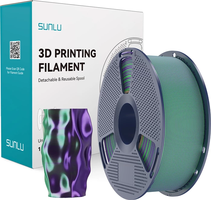 Filament 3D Sunlu PLA+ Silk Dual Color PLA+ Silk DC G Pur, shkëlqim silky, dyngjyrësh jeshile-vjollcë