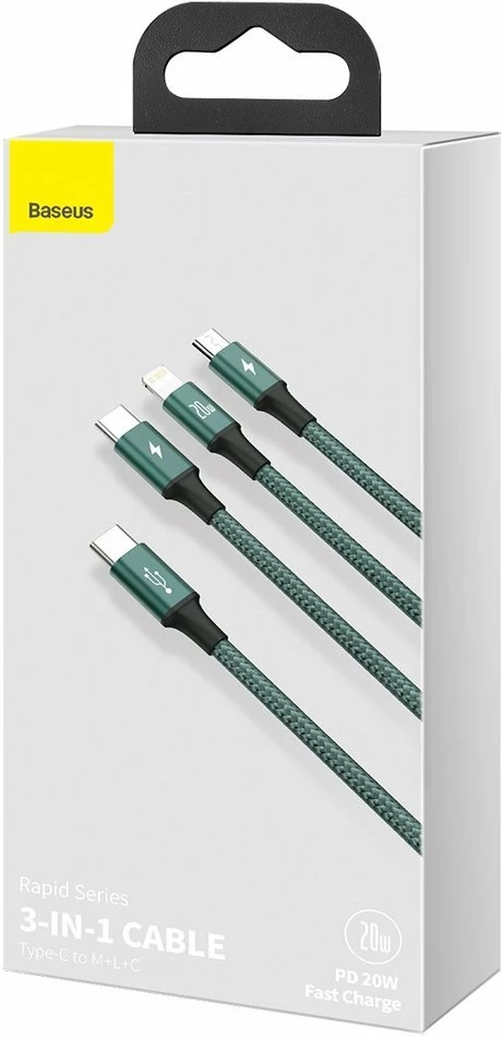 Kabllo 3-në-1 Baseus Rapid Series CAMLT-SC06, 1.5m, 20W, USB-C/Lightning/micro USB, e gjelbër