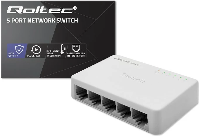 Kasë rrjeti Qoltec 52247, 5 porta RJ45, Gigabit Ethernet, e bardhë