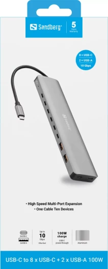 Docking station USB-C Sandberg 136-80, 8x USB-C + 2x USB-A, 100W PD, 10 Gbps, gri