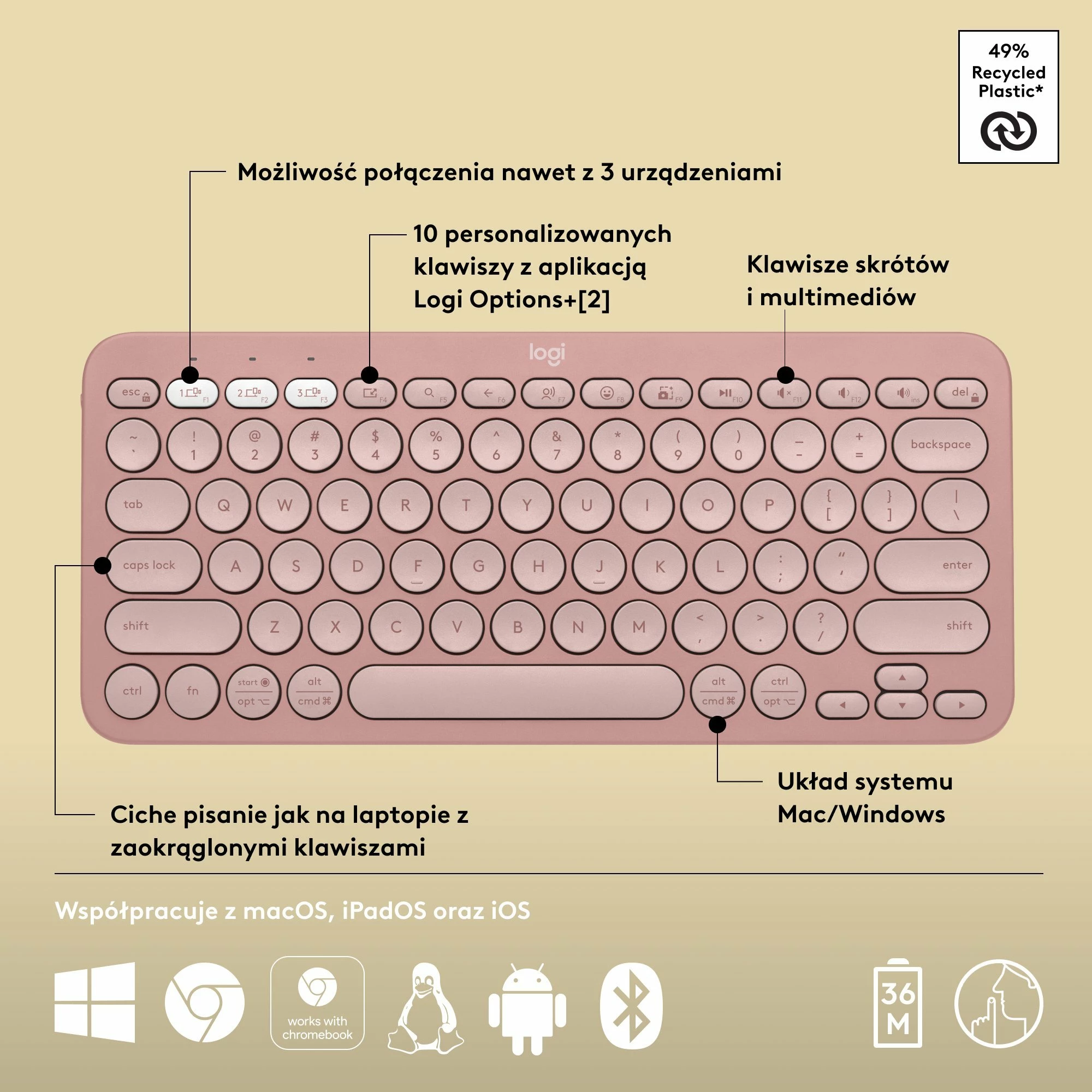 Tastierë wireless Logitech Pebble Keys 2 K380s (920-011853), Bluetooth, US INTL layout, Pink