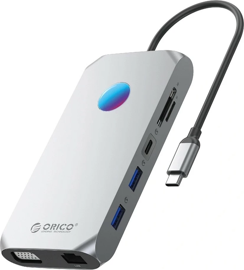 Hub Orico USB-C 12w1 XCR-X2, 3x USB-A 3.1, 1x USB-A 2.0, HDMI 4K, VGA, RJ45, SD/microSD, 100W PD, gri