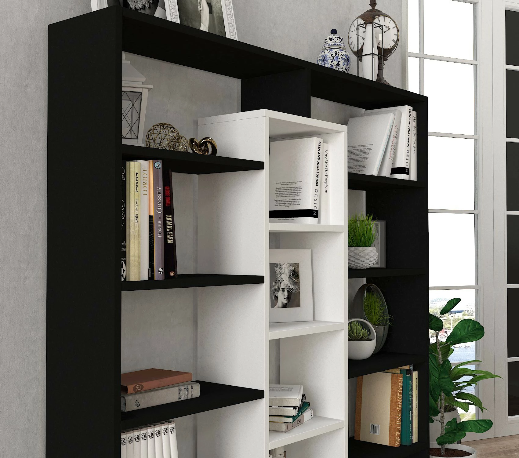Raft librash Hanah Home, Ample, i zi dhe i bardhë