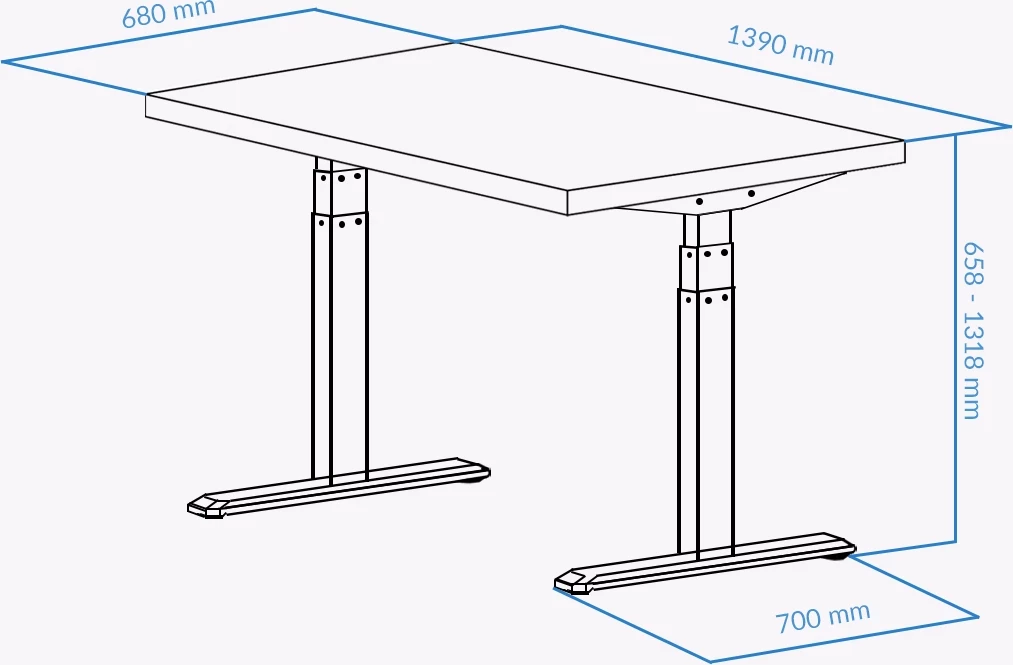 Tavolinë pune Sit/Stand UVI Desk Standard, 139 x 68 cm, lartësi 62–128 cm, set kornizë + tabakë, Sonoma, gri