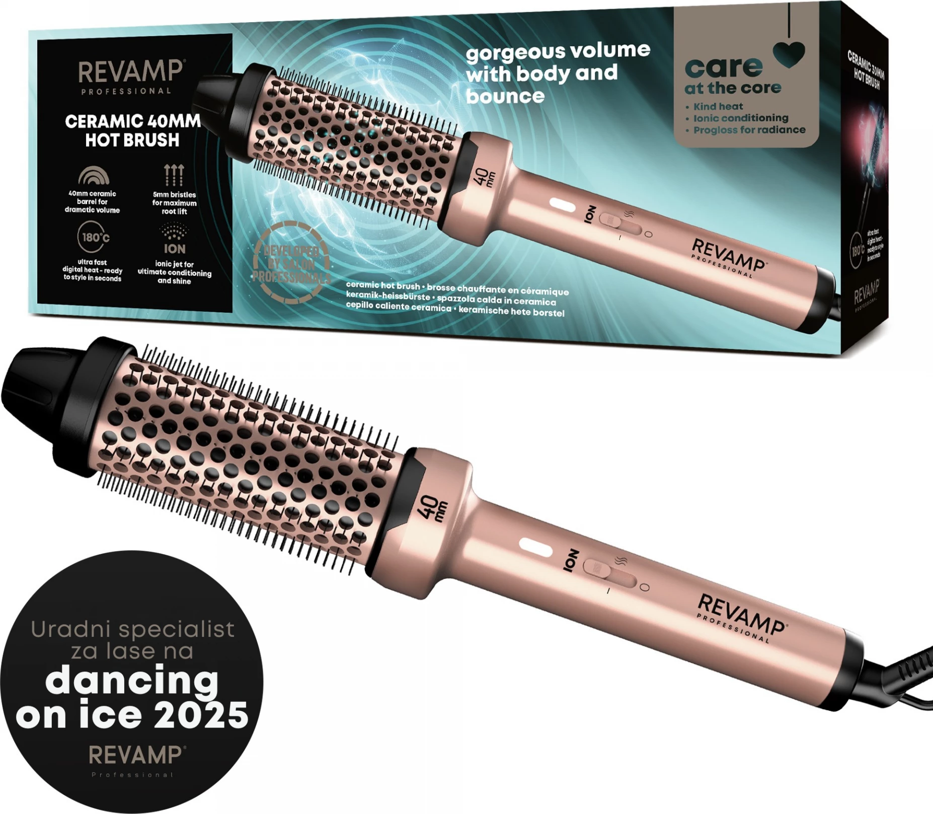 Brushë ngrohëse për stilim flokësh Revamp BR-1400AGD 40 mm ceramic 180°C ionic, rozë ari
