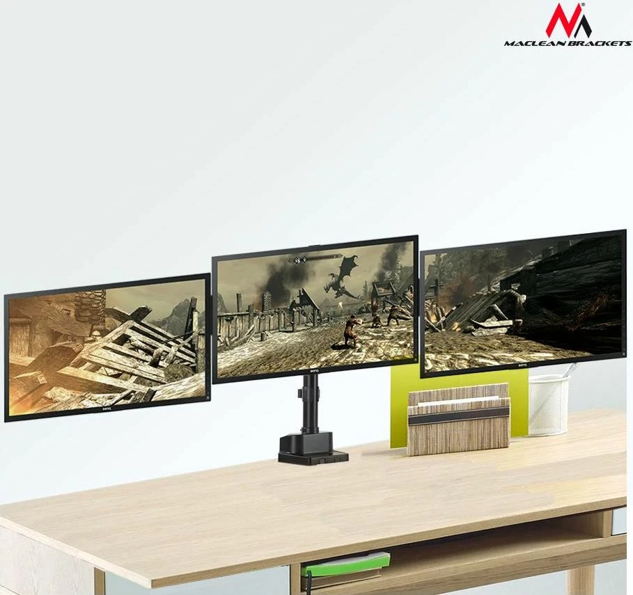Mbajtëse tavoline për 3 monitorë Maclean MC-811 17"-27" VESA 75x75/100x100 me USB 3.0, e zezë