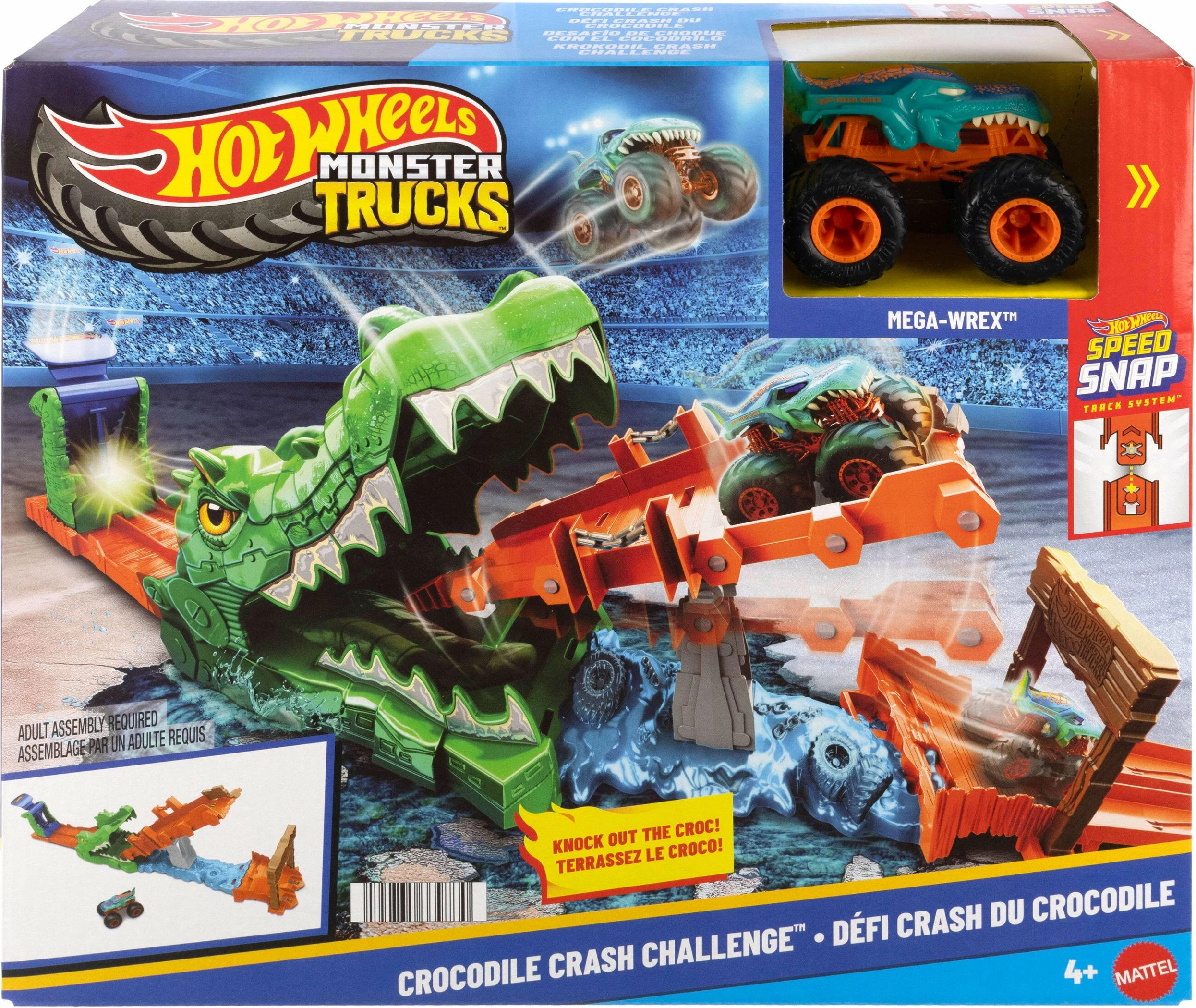 Set pistë makinash Hot Wheels Monster Trucks Rally Challenge JJN45, 1:64, me launcher, 1 makinë Mega-Wrex