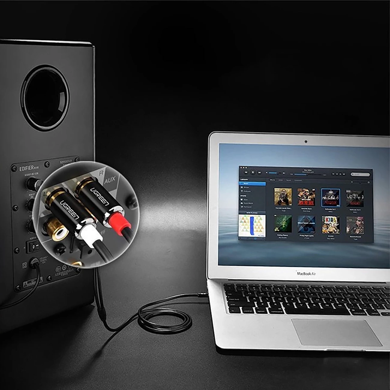 Kabllo audio Ugreen AV116 10584, mini jack 3.5mm në 2RCA, 2m, e zezë