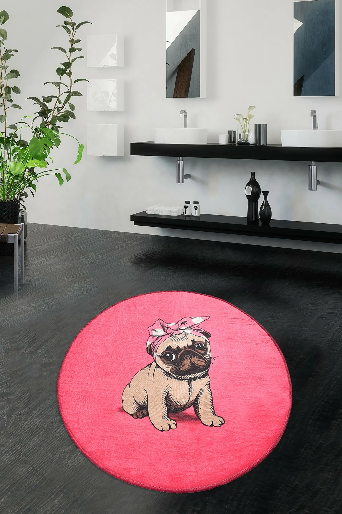 Tapet për banjo, Mijölnir, dizajn me qen Pug, rozë, 100 cm