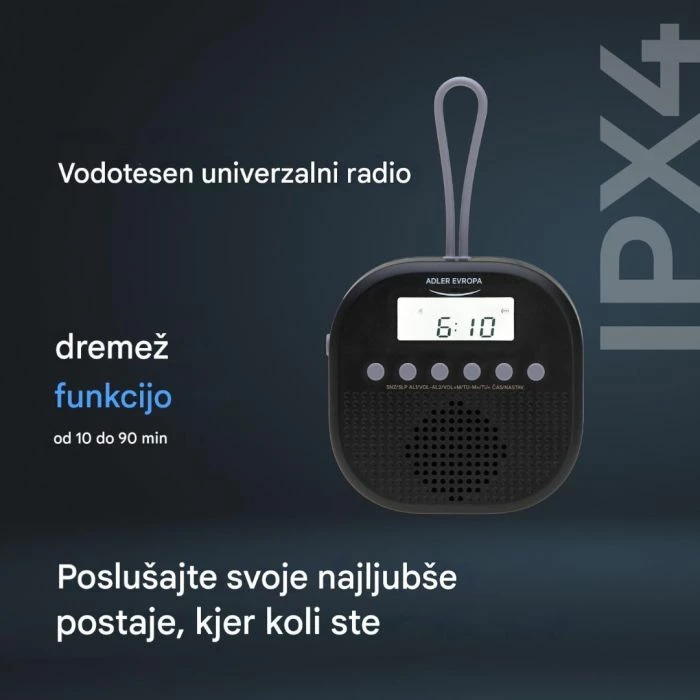 radio waterproof ADLER AD1912, FM, IPX4, me orë dhe alarm të dyfishtë, me grep silikoni, e zezë