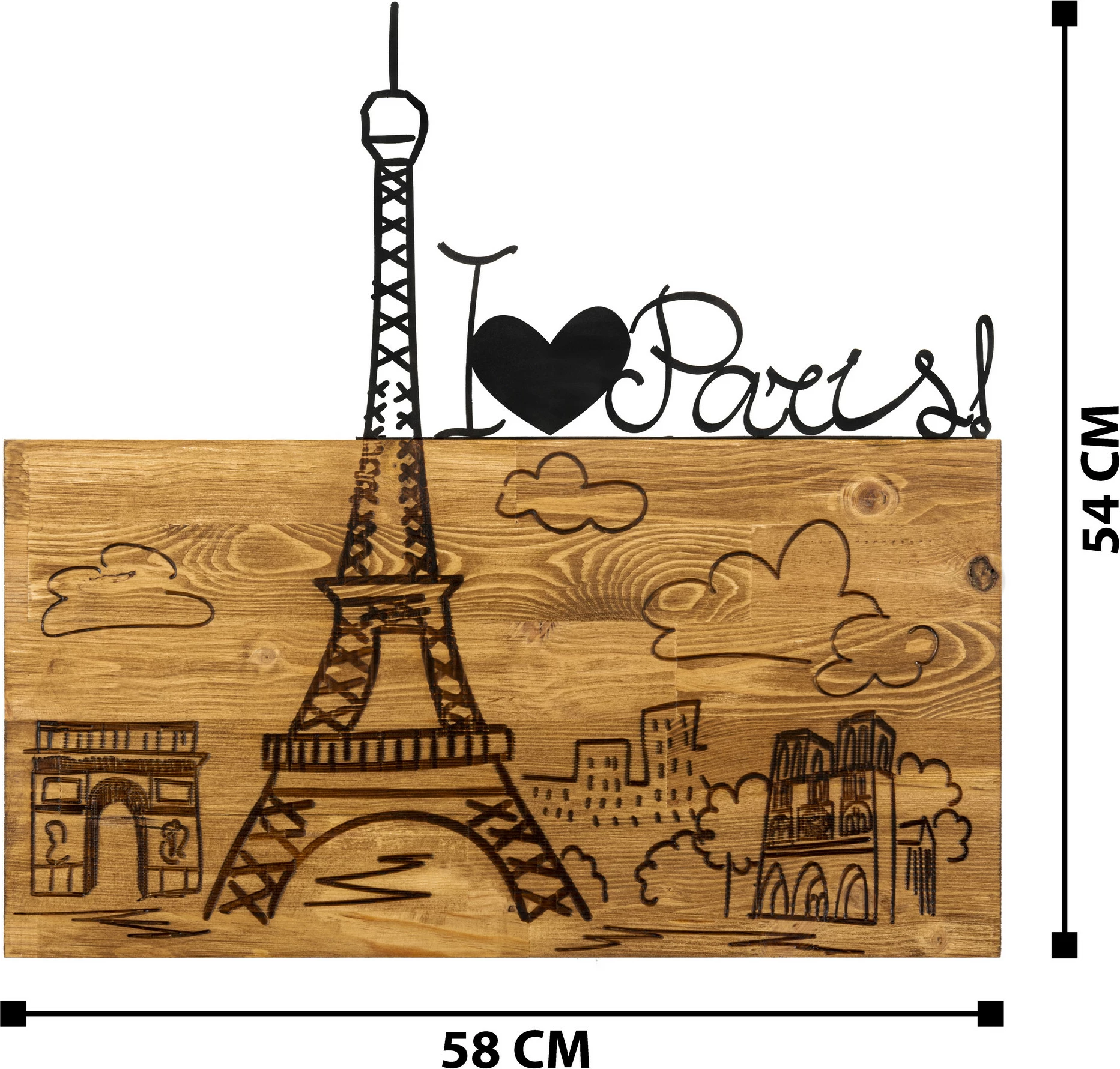 Aksesor dekorativ për mur, dru dhe metal, Wallity, I Love You Paris