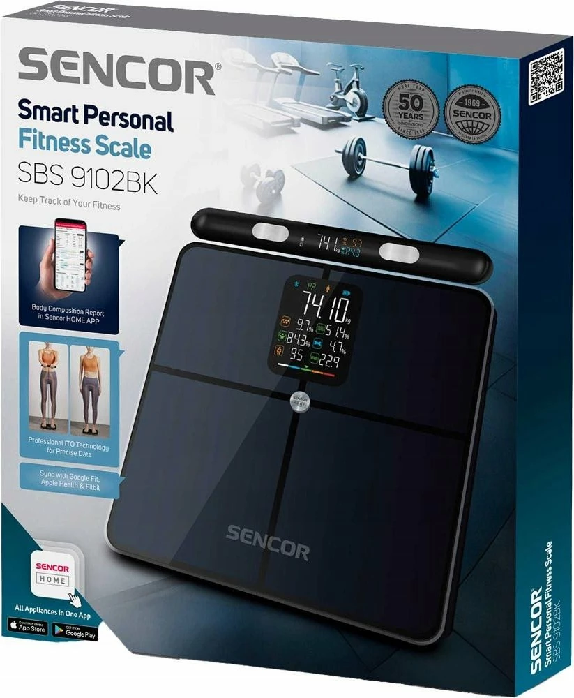 Peshore fitness me Bluetooth Sencor SBS 9102BK, analizë kompozimi trupor, xham i kalitur 6 mm, saktësi 100 g, bateri 4xAAA, e zezë