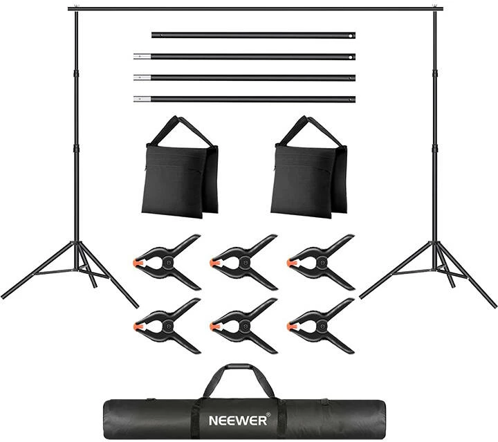 Set stativash për sfond foto Neewer B07PFS3BBS, lartësi 70 cm–2.1 m, gjerësi 1.5–3 m, kapacitet 5 kg, e zezë, set