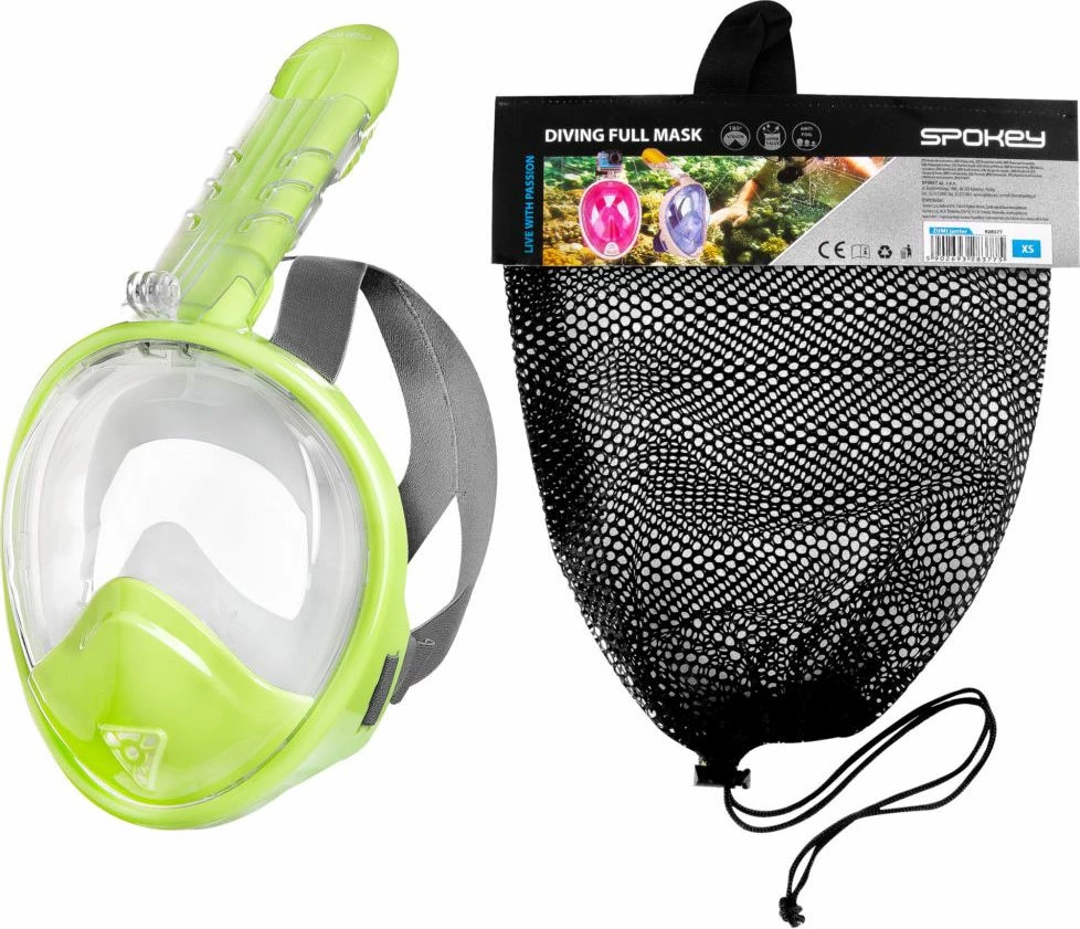 Maskë zhytjeje full-face Spokey Zumi JR 928378, XS, e gjelbër, me çantë rrjete
