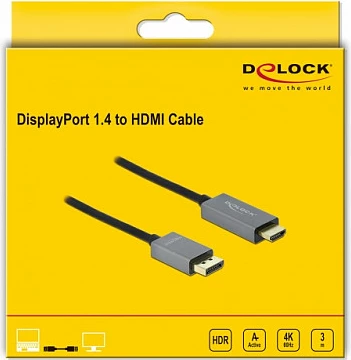 Kabllo aktive DisplayPort 1.4 në HDMI DeLOCK, 4K 60Hz HDR, 3 m, zi/gri