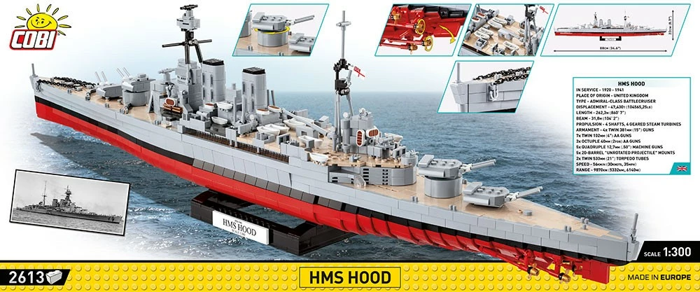 Set ndërtimi Cobi Klocki HMS Hood, 2613 pjesë, Historical Collection, model 1:300