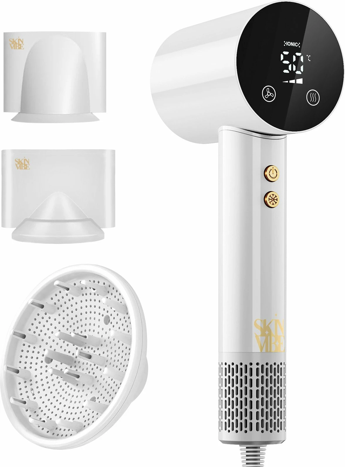 Tharëse flokësh SkinVibe Libra AirLoom SV-002WH 1500W me jonizim, ekran LCD, 3 aksesorë magnetikë, bardhë-ari