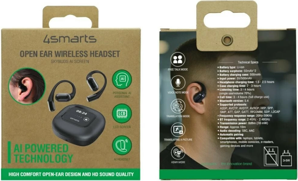 Kufje Bluetooth 4smarts SkyBuds OWS KAT07418, Bluetooth 5.4, ekran AI në kuti, kapëse veshi, kohë pune 28h, të zeza