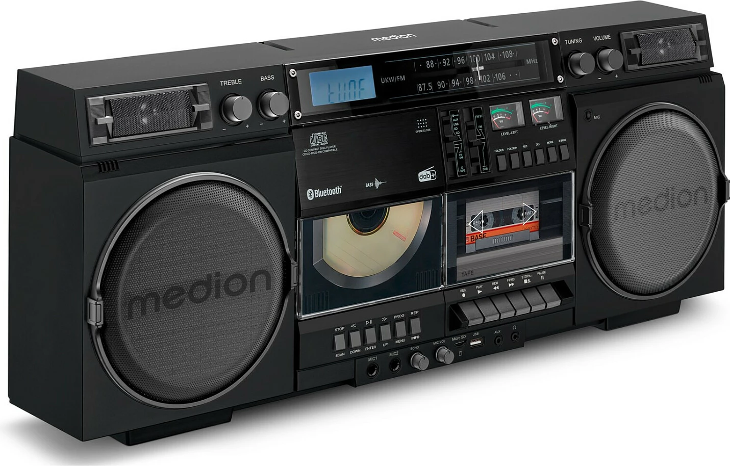 Sistem zëri Medion LIFE P66538, 20 W, DAB+/FM, Bluetooth 5.1, CD/USB/microSD/kasetë, i zi
