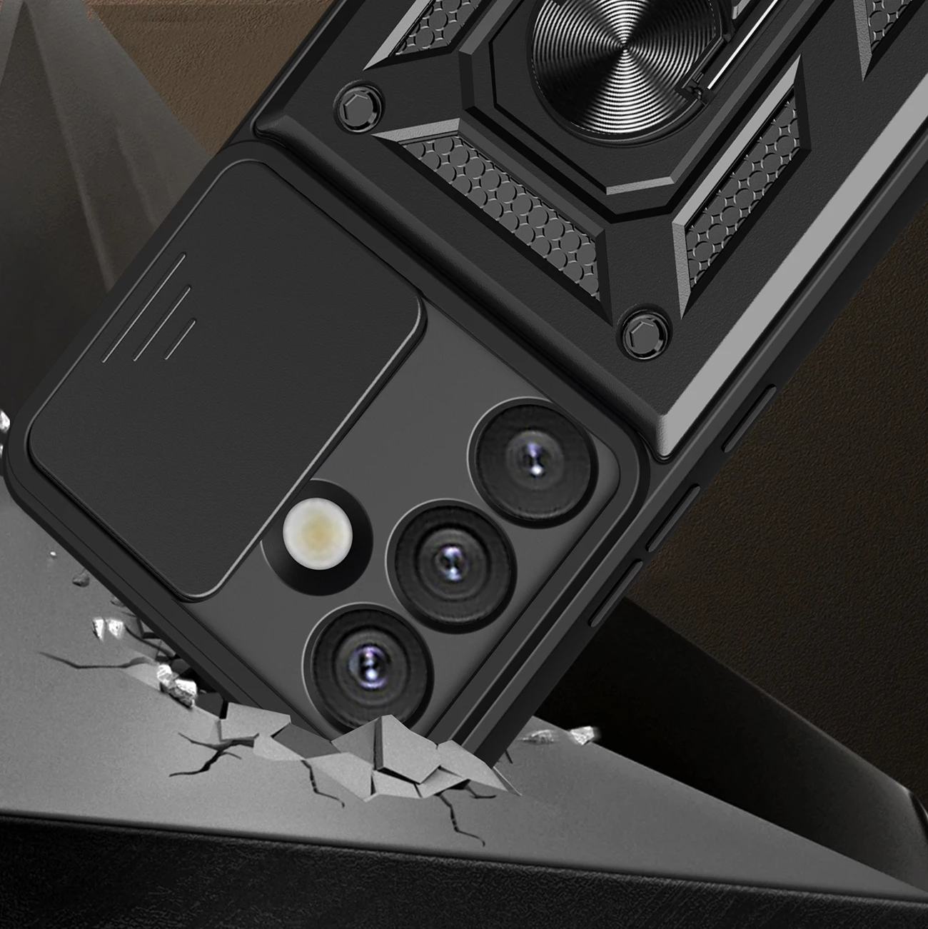 Mbështjellës Hurtel Hybrid Armor Camshield për Oppo F29 Pro 5G / A5 Pro 5G, i zi, me mbajtëse dhe kapak kamere 3