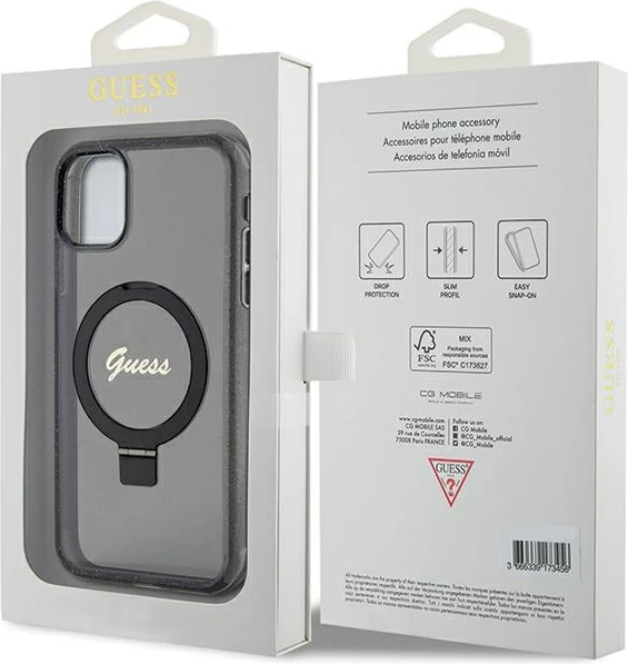 Mbështjellës Guess Ring Stand Script Glitter MagSafe për iPhone 11/XR, i zi