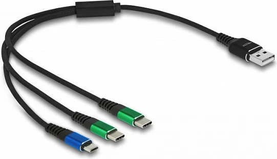 Kabllo karikimi DeLOCK 3-në-1 USB-A në Micro-USB / 2x USB-C, 0.3 m, 3A, USB 2.0, e zezë (blu/gjelbër)