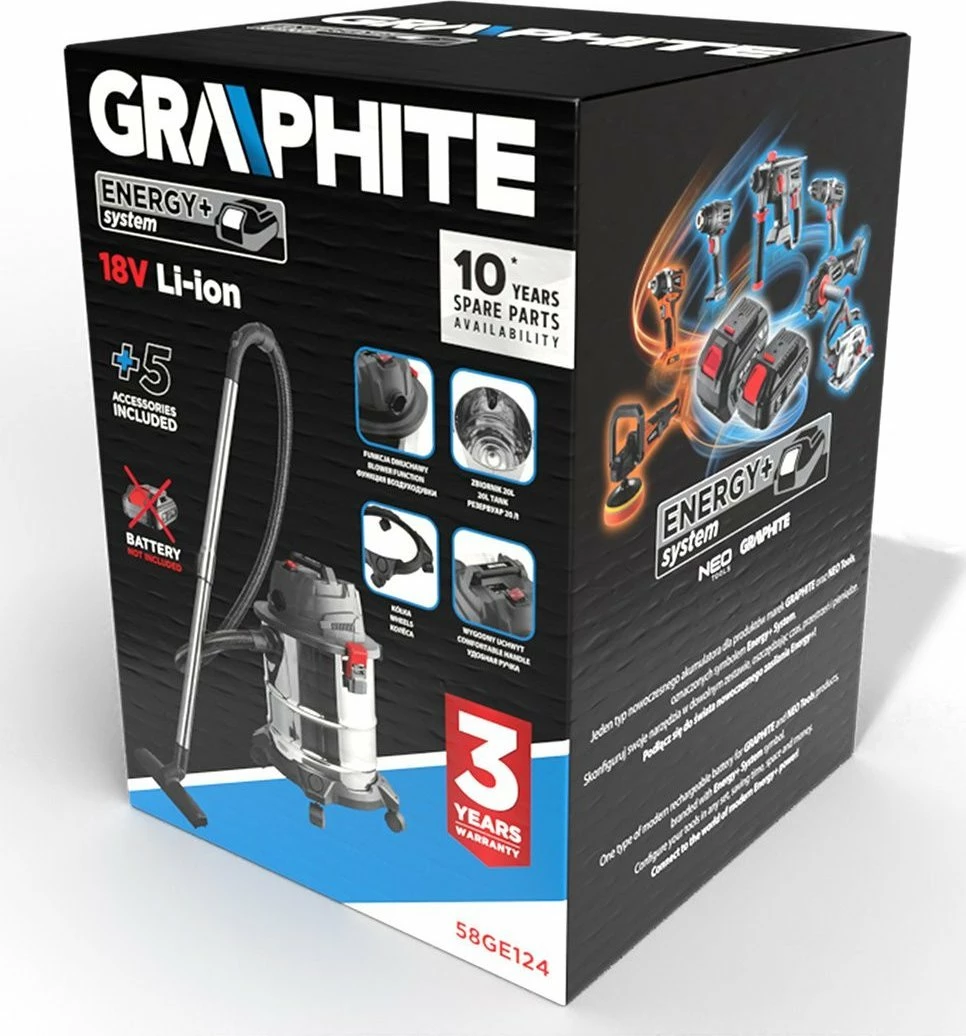 Fshesë vakumi industriale Graphite Energy+ 58GE124, 18V, 20L, e lagësht/e thatë, HEPA, me fryrje, set me aksesorë