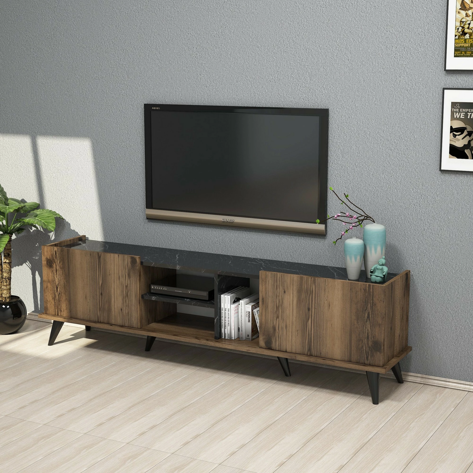 Komodë TV Hanah Home, Elegante 1330, ngjyrë arre dhe e zezë