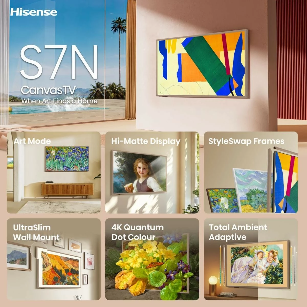 Televizor QLED Hisense CanvasTV S7NQTUK 55 inch, 4K, Smart TV, Art Mode, gold