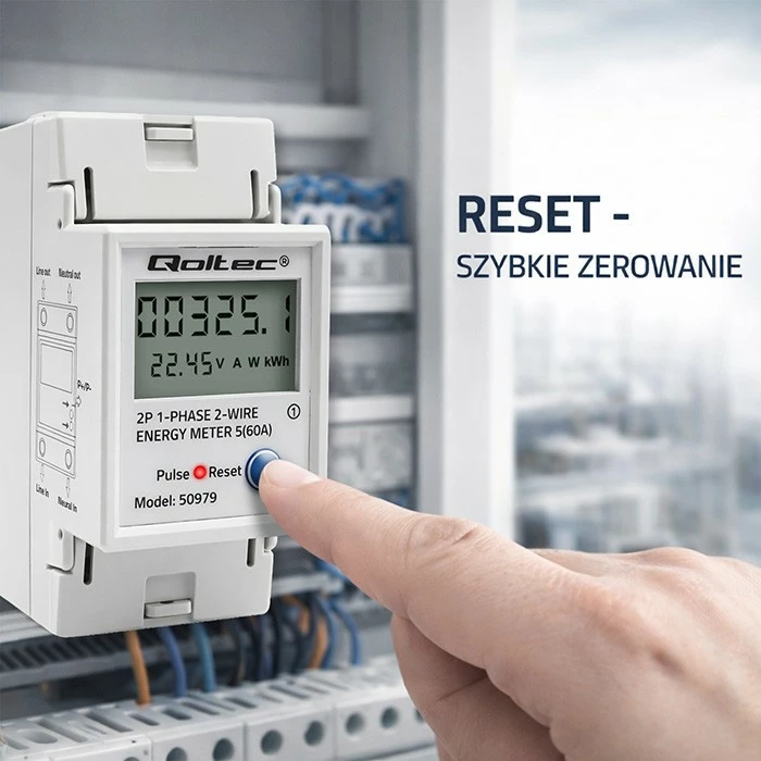 Matës konsumit energjie njëfazore Qoltec 50979, DIN TH35, 230V 60A, LCD/LED, RESET, 2P, gri