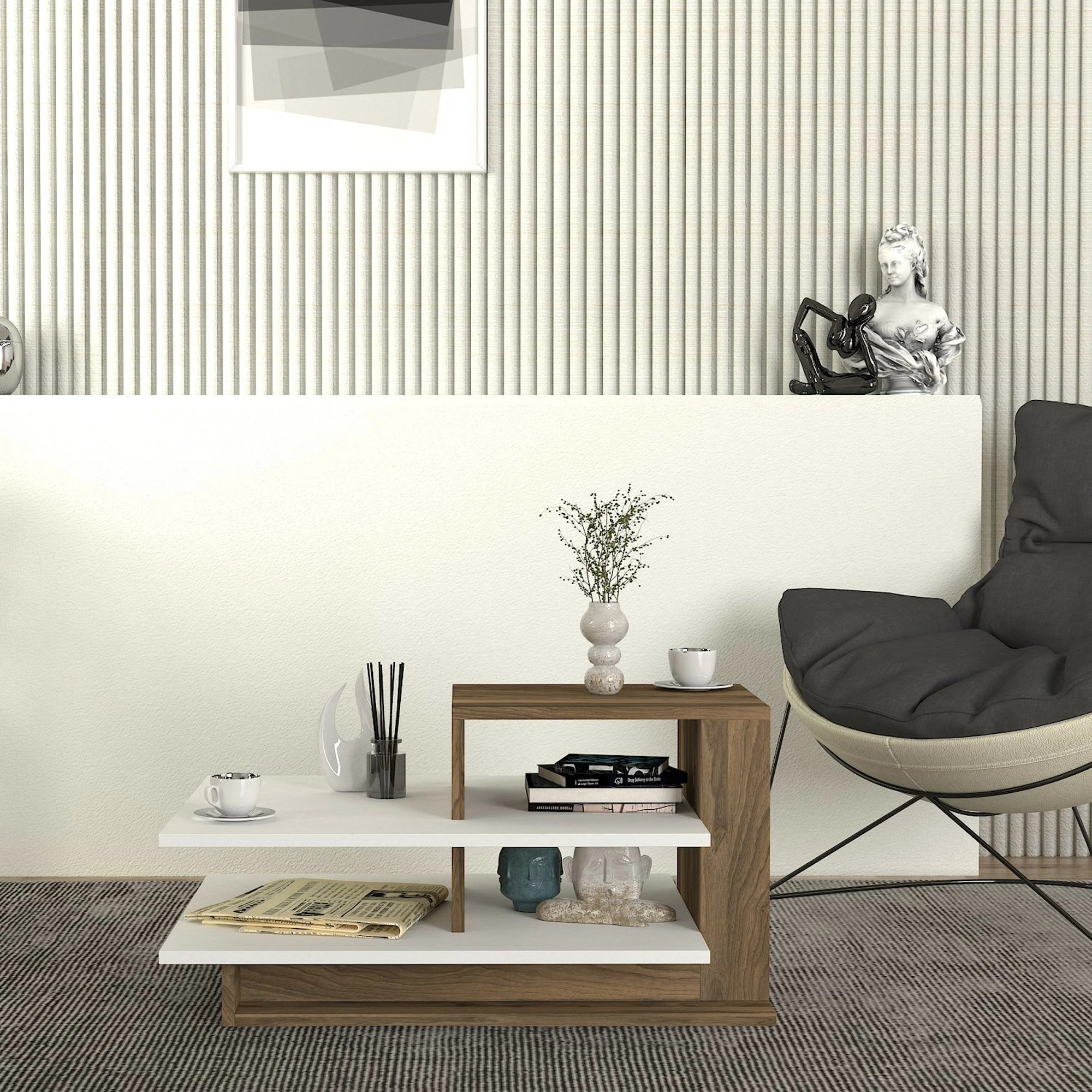 Tavolinë e ulët Skye Decor, Venüs, e bardhë dhe arre