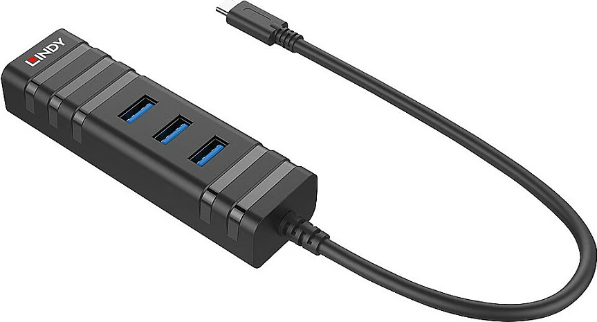Hub USB-C LINDY USB 3.2 Gen 1 me Gigabit Ethernet, 3x USB-A, 4 porta, 0.26 m, i zi