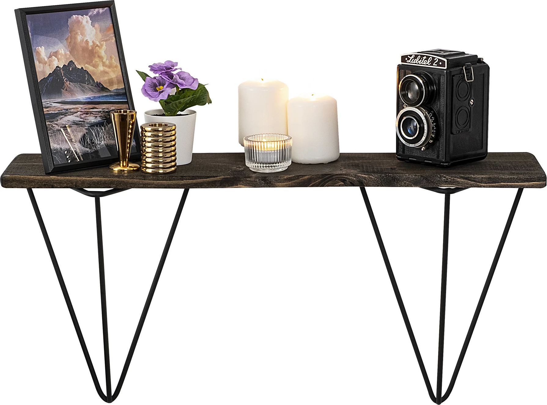 Raft muri industrial, dru bredhi, kornizë metalike, ngjyrë e zezë dhe arre e errët, Gladiolus, 60x30x15cm