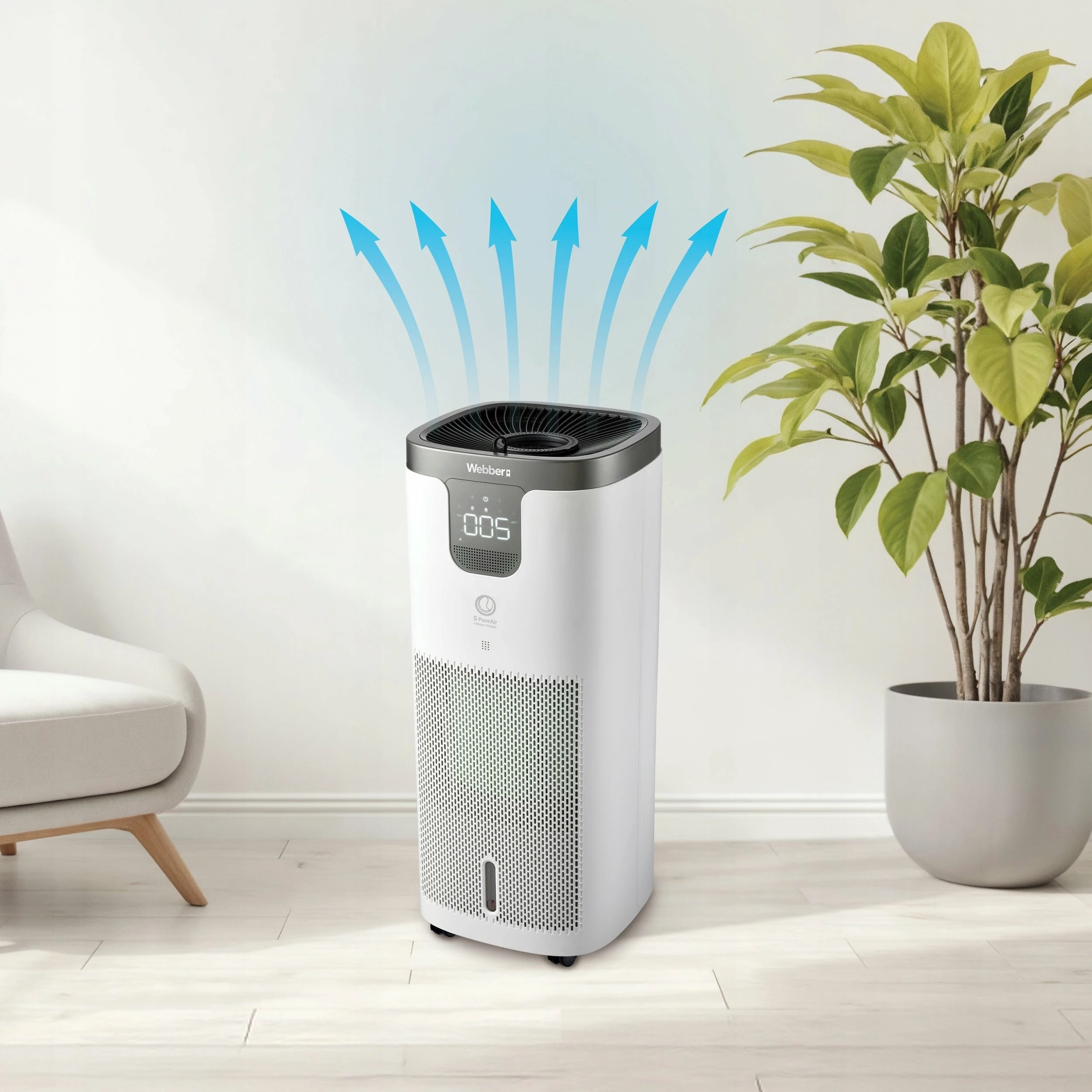 Pastrues ajri Webber APEH11003, HEPA H12, Wi‑Fi, UV‑C, jonizim, me lagështues 8 L, 350 m³/h, deri 120 m², i bardhë