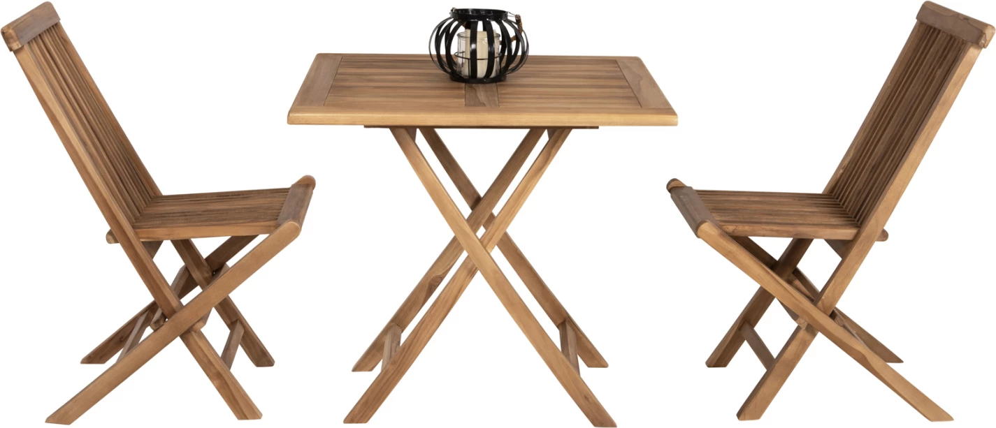 Tavolinë me karrige për terasë, 3 copë, palosëse, Kendall, dru tik, ngjyrë natyrale