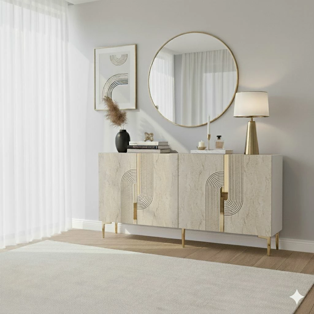 Konsol Skye Decor, Meyra 150, e bardhë, travertin, ari