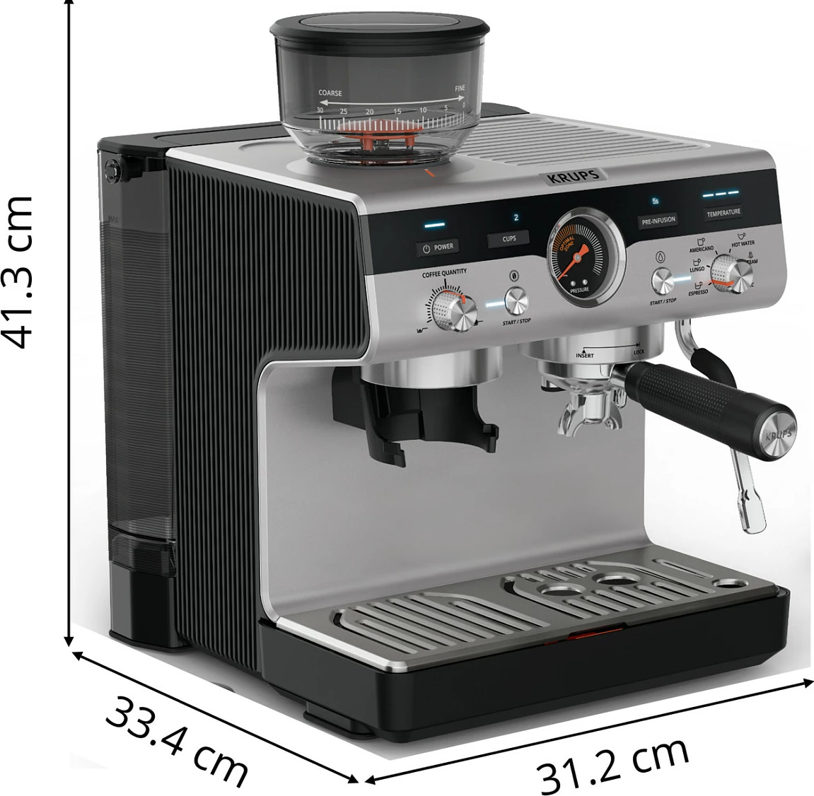 Makinë espresso Krups XP801T, me mulli të integruar, 3L, inox/e zezë