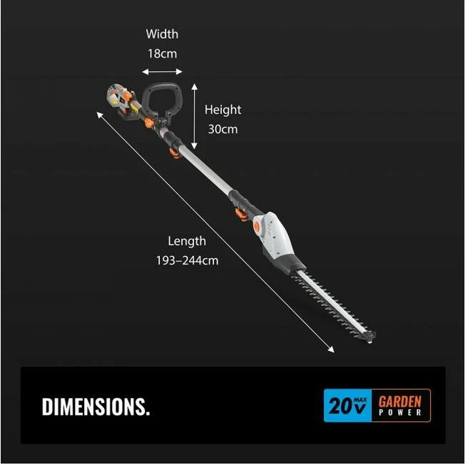 Trimer gardhi me bateri VONHAUS G-Series 2515200, 20V MAX, teh 45 cm, shtyllë teleskopike 2.44 m, set me bateri+karikues+kapak tehu, gri/zi-portokalli