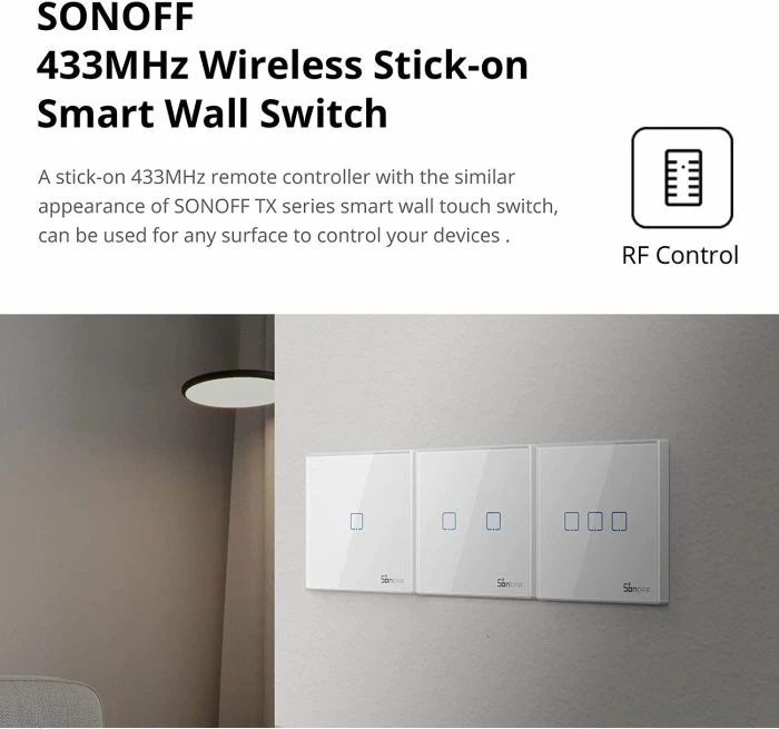 switch muri smart wireless SONOFF T2EU2C-RF, 433MHz RF, 2 ndërprerësa (double), EU, i bardhë