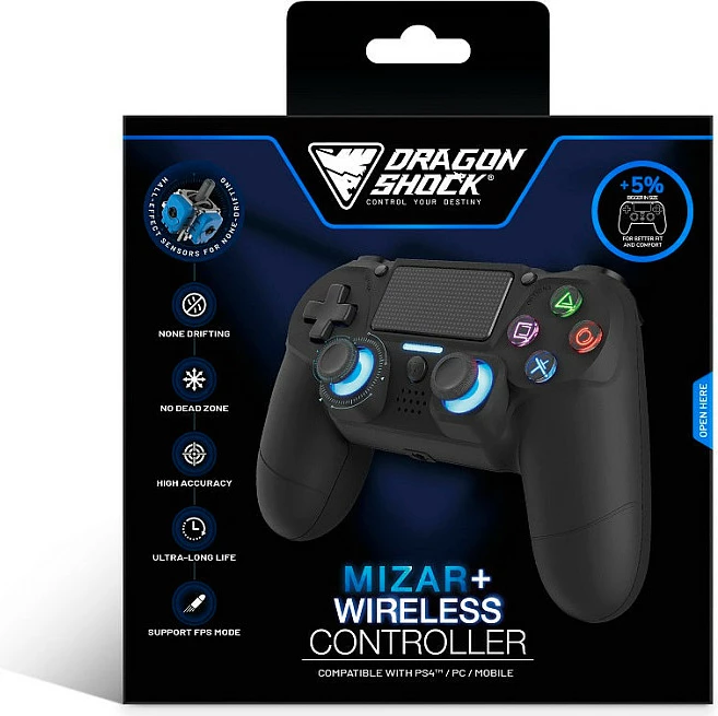 Kontroller DragonShock Mizar+ wireless për PS4/PC, Bluetooth 5.0, LED blu, i zi