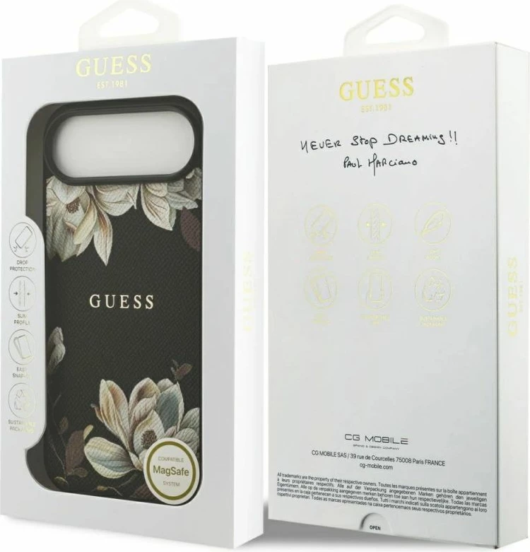 Kapak telefoni Guess Grained Flowers Classic Logo MagSafe për iPhone Air, i zi