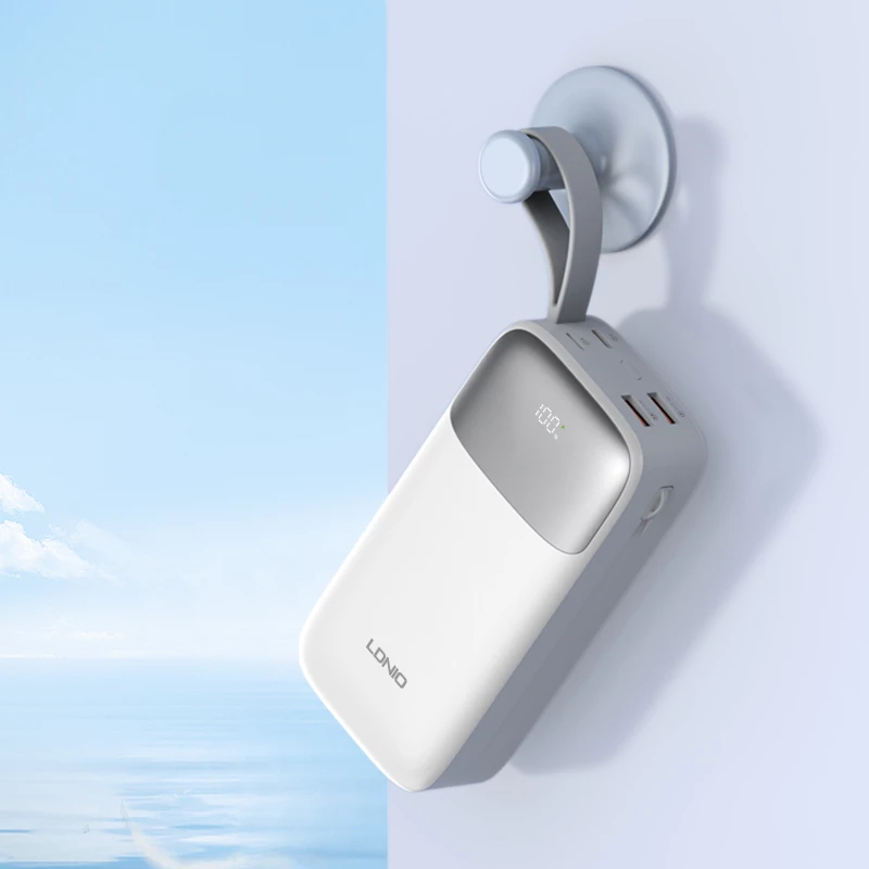 Power bank LDNIO PQ30 30000mAh 22.5W me kabllo të integrume USB-C/Lightning, 2 porta USB, e bardhë