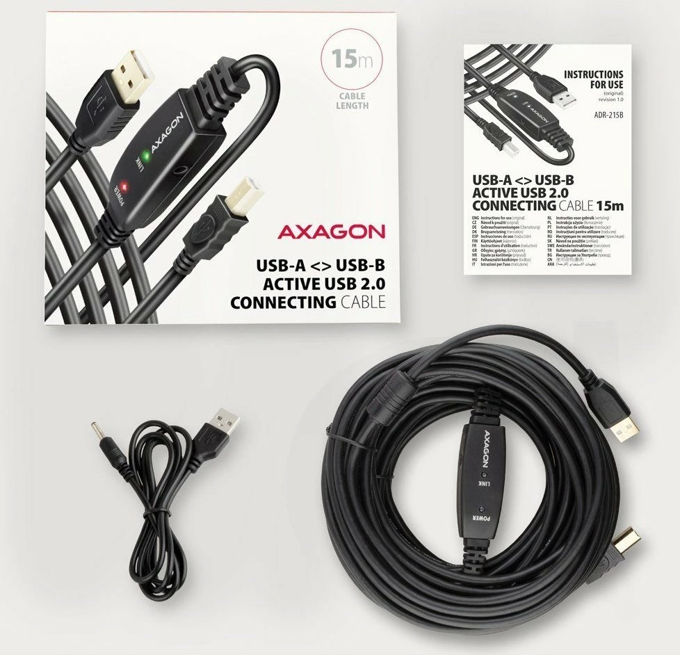 Kabllo USB Axagon ADR-215B USB-A në USB-B 15 m aktive (repeater), e zezë, set me kabllo energjie