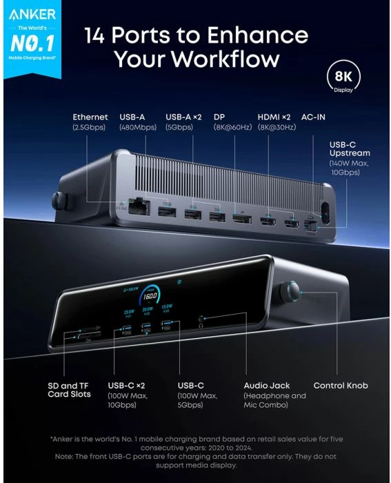 Docking Station ANKER Prime A83B33A1 14-në-1, Triple Display, DisplayLink, 140W USB-C, 2.5GbE, gri/zezë