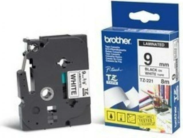 Kasetë shiriti etiketash Brother TZe-221 9 mm e laminuar vetëngjitëse P-touch, e bardhë me tekst të zi